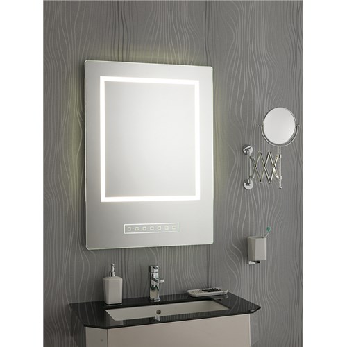 Specchio retroilluminato e luce LED con impianto bluetooth musica e vivavoce, comandi sabbiati