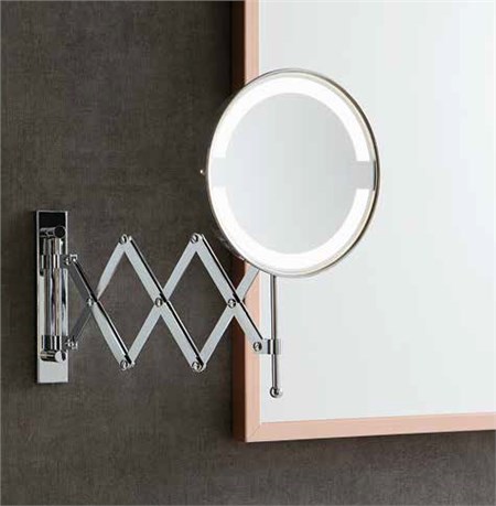 specchio ingranditore estensibile a soffietto a batteria cromo, bronzo, nichel satinato