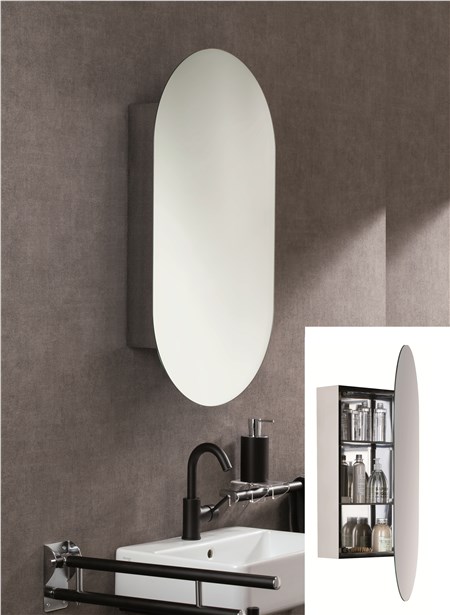Specchio ovale con contenitore in acciaio inox