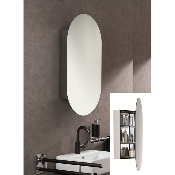 Specchio ovale con contenitore in acciaio inox