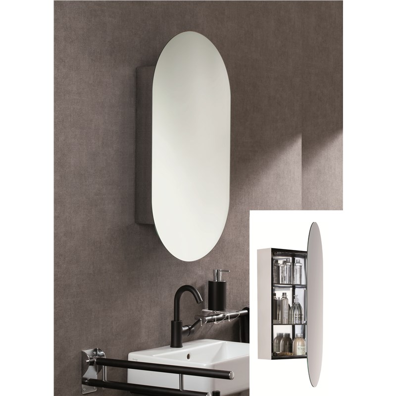 Specchio ovale con contenitore in acciaio inox