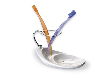 Porta sapone / porta spazzolini in ceramica e ottone cromato