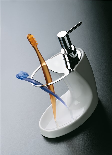 Porta spazzolini / dosatore sapone liquido in ceramica e ottone cromato