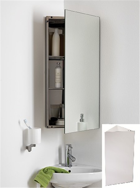 Specchio ad angolo con contenitore in acciaio inox